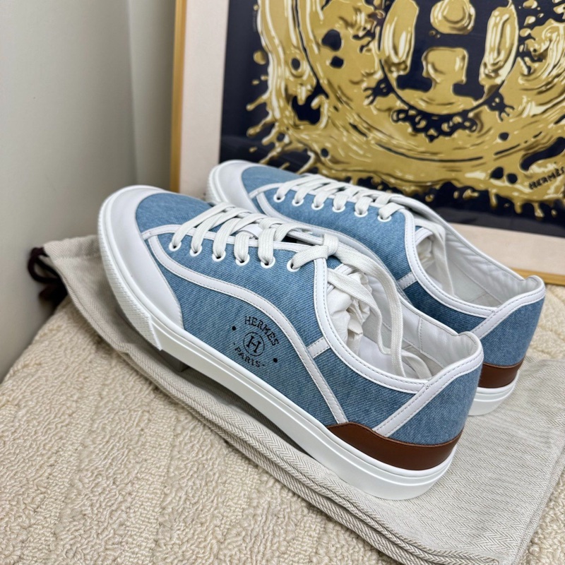 99新Hermes/愛馬仕  男款低幫休閒鞋帆布鞋藍色牛仔拼皮運動鞋板鞋 小logo43碼-1