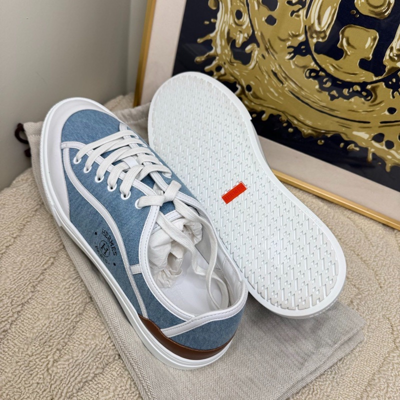 99新Hermes/愛馬仕  男款低幫休閒鞋帆布鞋藍色牛仔拼皮運動鞋板鞋 小logo43碼-3