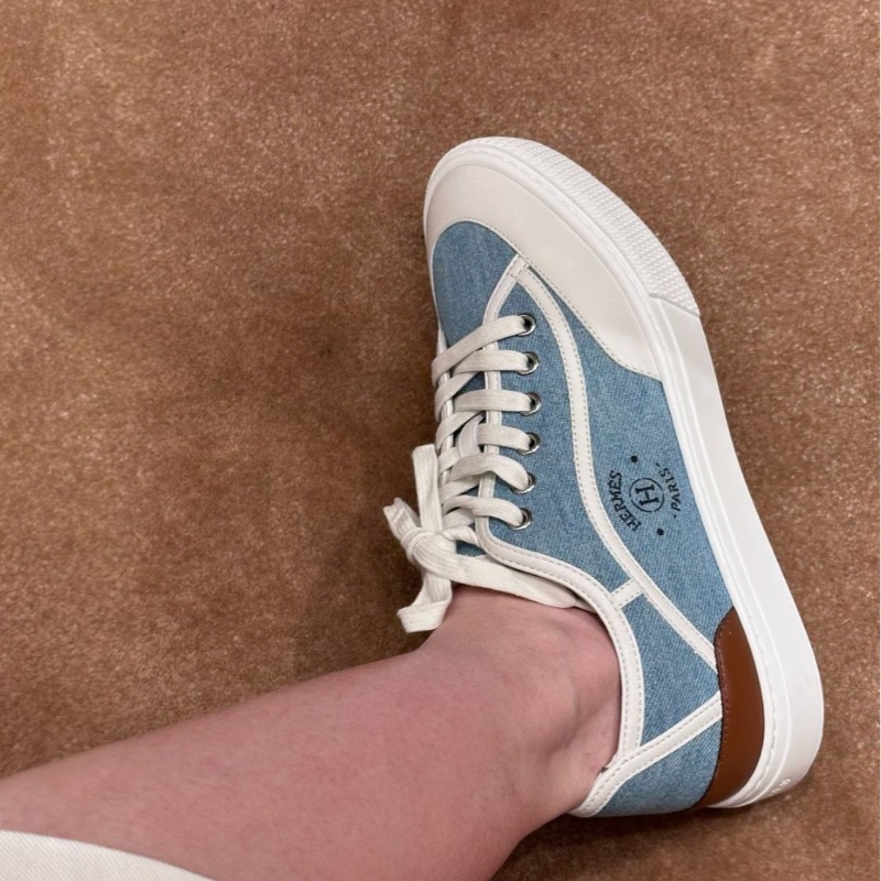 99新Hermes/愛馬仕  男款低幫休閒鞋帆布鞋藍色牛仔拼皮運動鞋板鞋 小logo43碼-6