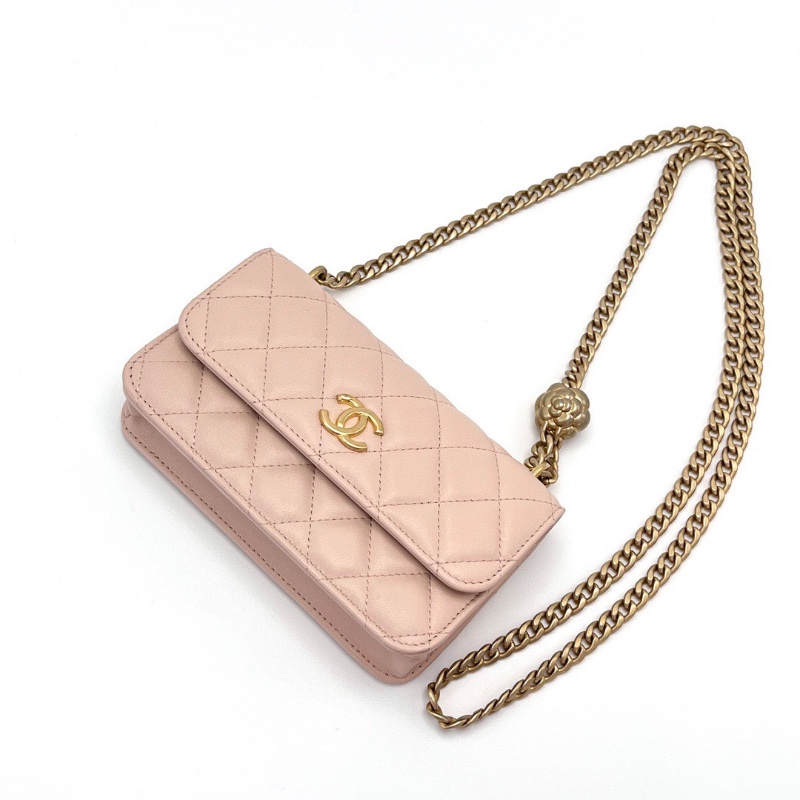 CHANEL 23s粉色金扣山茶花mini WOC斜背鏈條包17*10*3.5 98新配件盒子塵袋購證-3