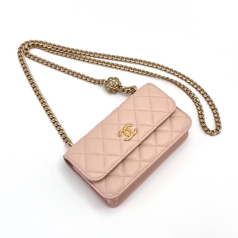CHANEL 23s粉色金扣山茶花mini WOC斜背鏈條包17*10*3.5 98新配件盒子塵袋購證-5