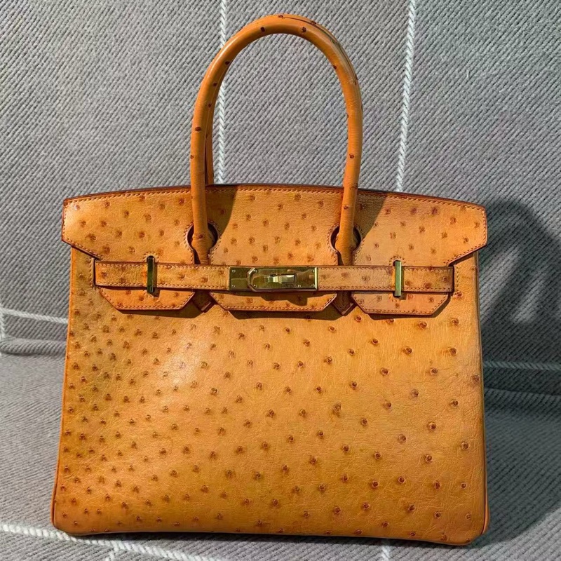 二手Hermes愛馬仕birkin30橘色鴕鳥皮金扣F刻，邊角輕微護理，配件塵袋鎖鑰匙-1