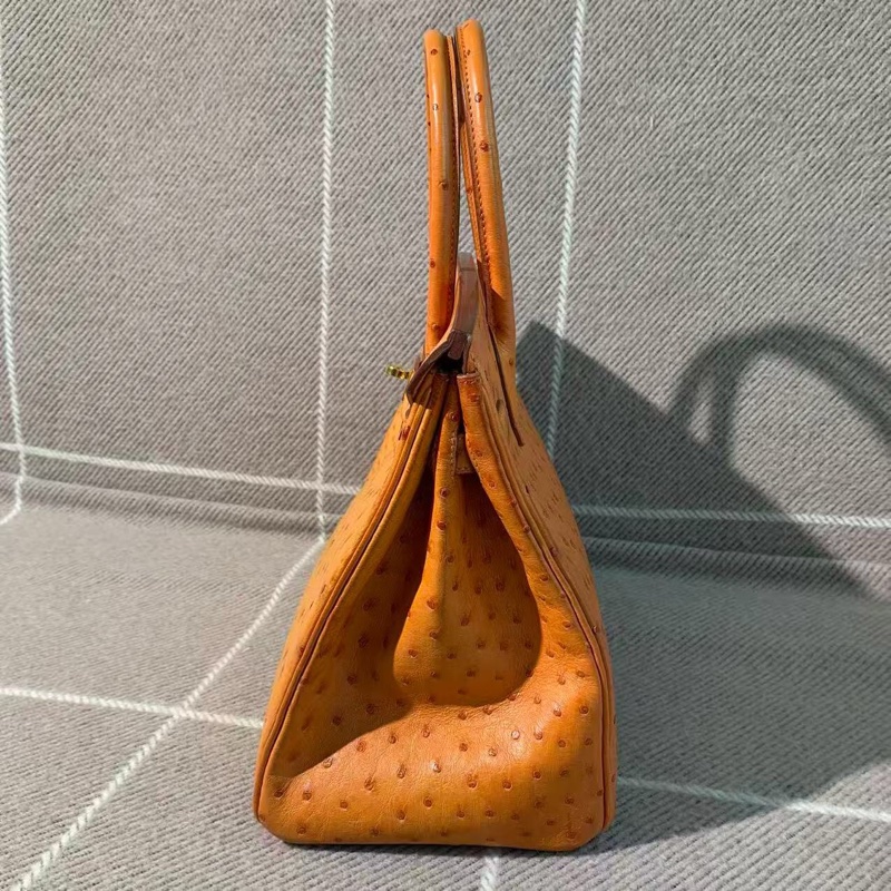 二手Hermes愛馬仕birkin30橘色鴕鳥皮金扣F刻，邊角輕微護理，配件塵袋鎖鑰匙-3
