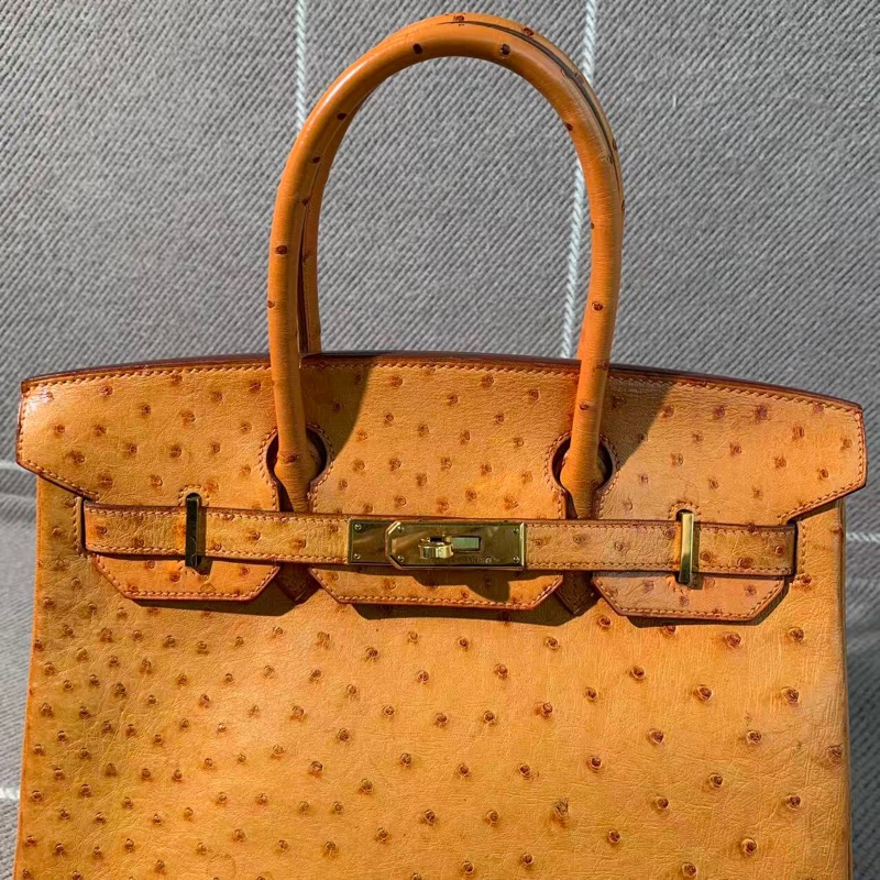 二手Hermes愛馬仕birkin30橘色鴕鳥皮金扣F刻，邊角輕微護理，配件塵袋鎖鑰匙-14