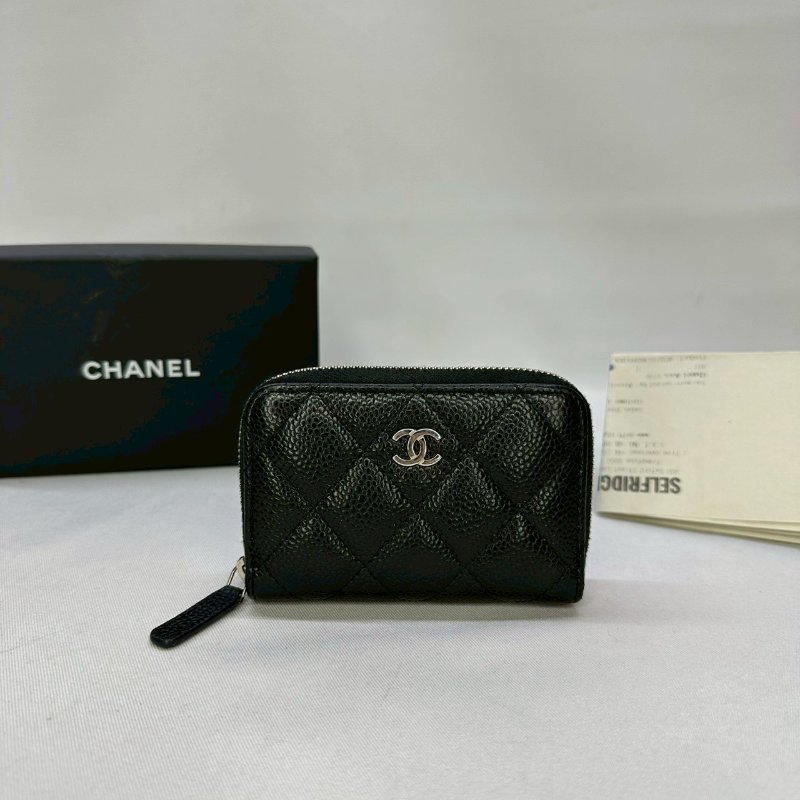 CHANEL 黑銀荔枝牛拉鍊零錢包-0