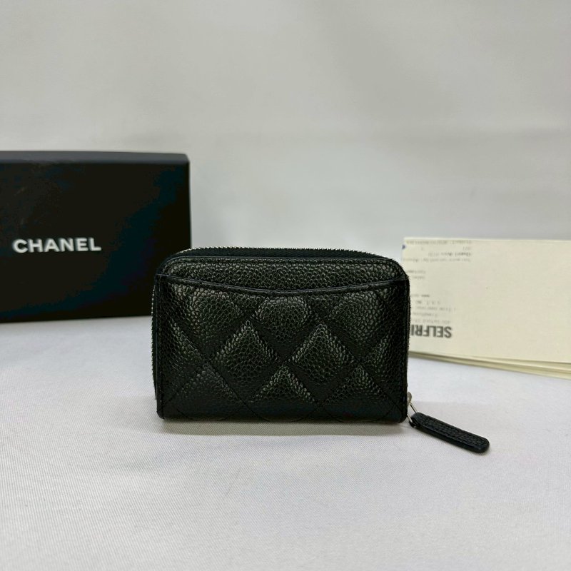 CHANEL 黑銀荔枝牛拉鍊零錢包-1
