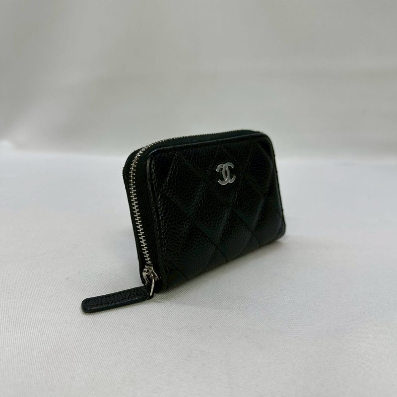CHANEL 黑銀荔枝牛拉鍊零錢包-3