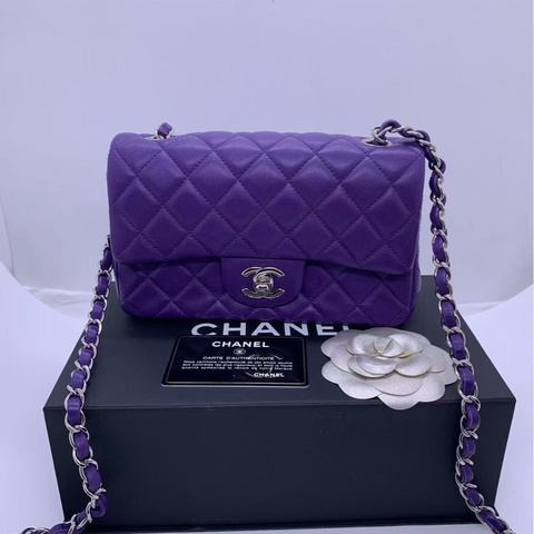 Chanel香奈兒cf大mini紫色羊皮鏈條包銀扣，鐳射21開