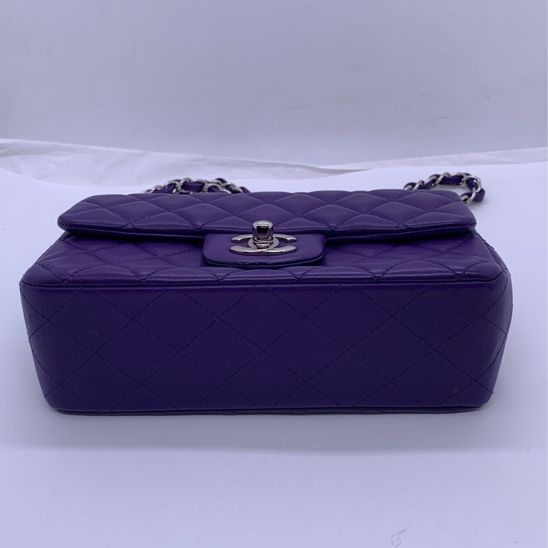 Chanel香奈兒cf大mini紫色羊皮鏈條包銀扣，鐳射21開-5