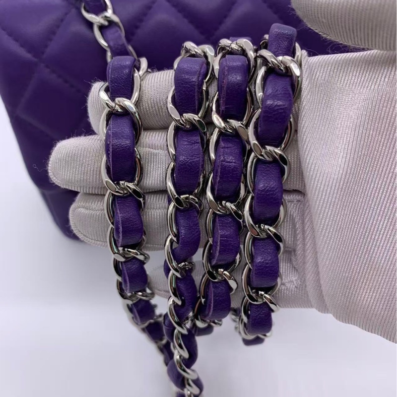 Chanel香奈兒cf大mini紫色羊皮鏈條包銀扣，鐳射21開-8