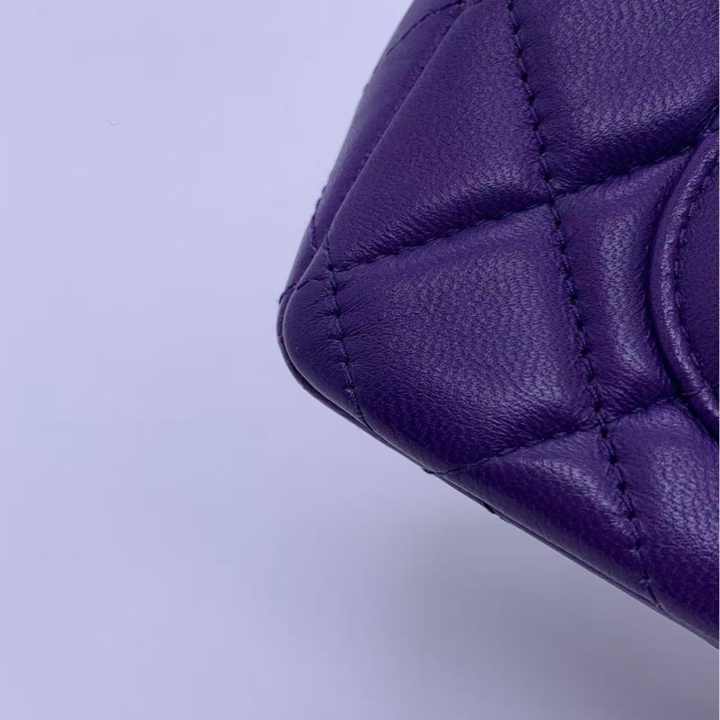 Chanel香奈兒cf大mini紫色羊皮鏈條包銀扣，鐳射21開-22