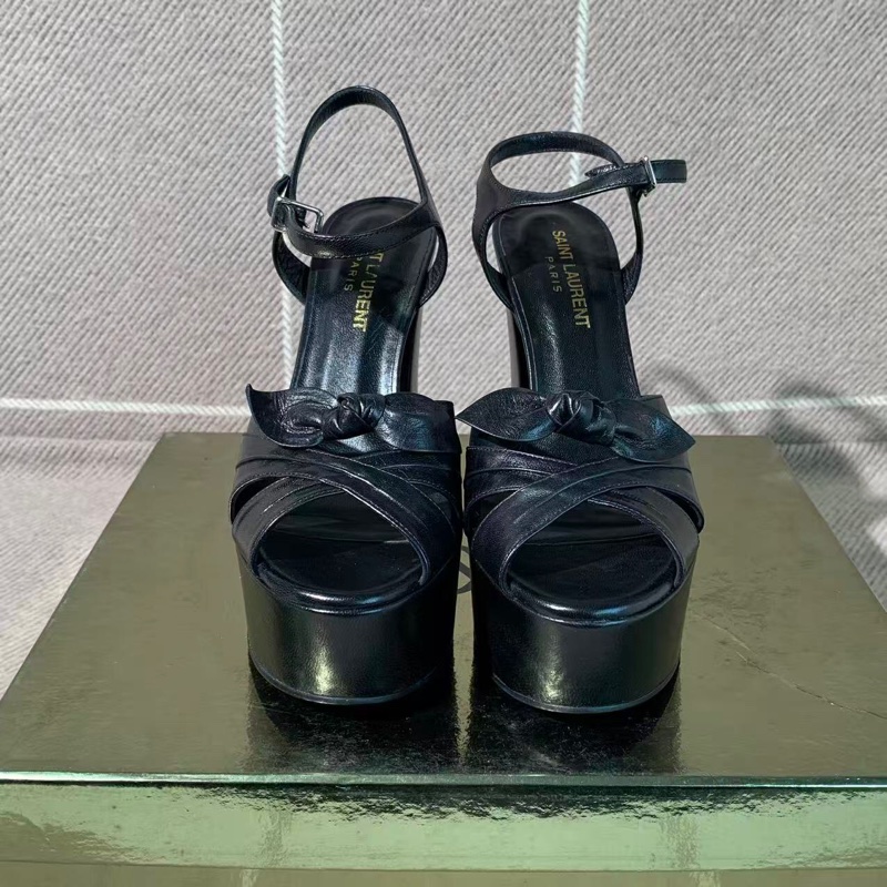 YSL/聖羅蘭粗跟防水台黑色蝴蝶結涼鞋35.5碼-0