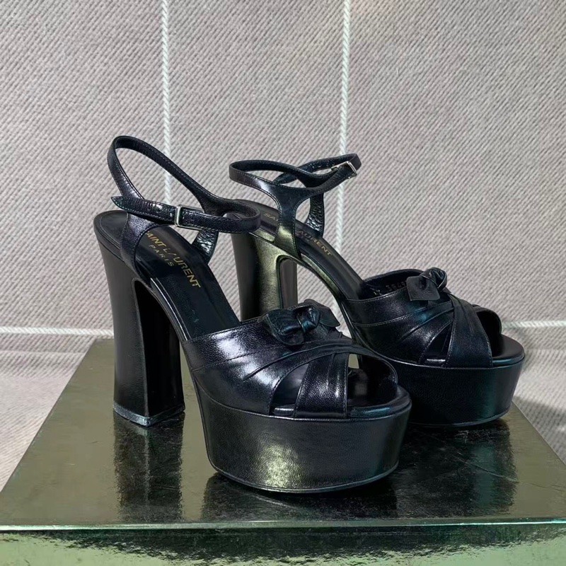 YSL/聖羅蘭粗跟防水台黑色蝴蝶結涼鞋35.5碼-1