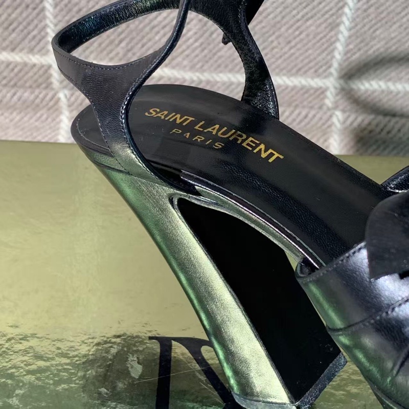 YSL/聖羅蘭粗跟防水台黑色蝴蝶結涼鞋35.5碼-4