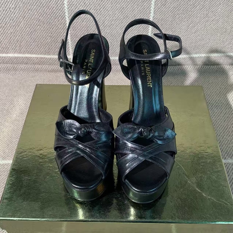 YSL/聖羅蘭粗跟防水台黑色蝴蝶結涼鞋35.5碼-5