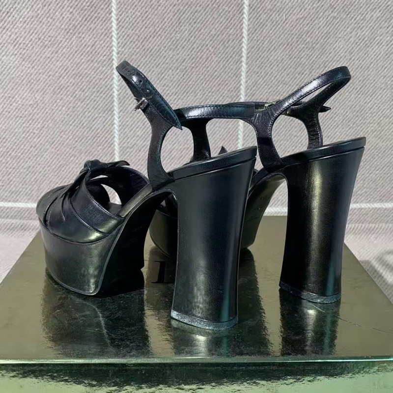 YSL/聖羅蘭粗跟防水台黑色蝴蝶結涼鞋35.5碼-6