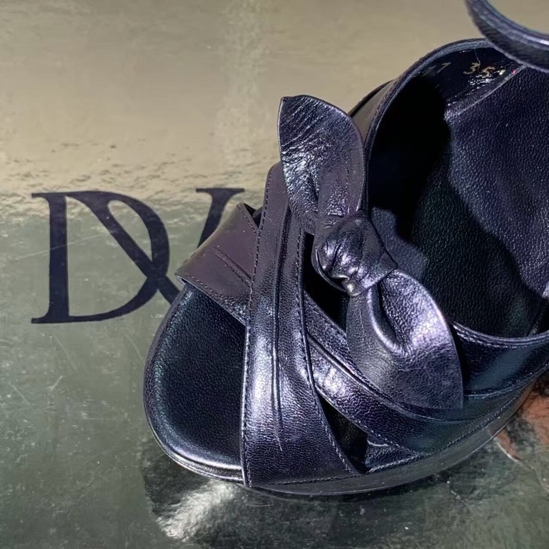 YSL/聖羅蘭粗跟防水台黑色蝴蝶結涼鞋35.5碼-7