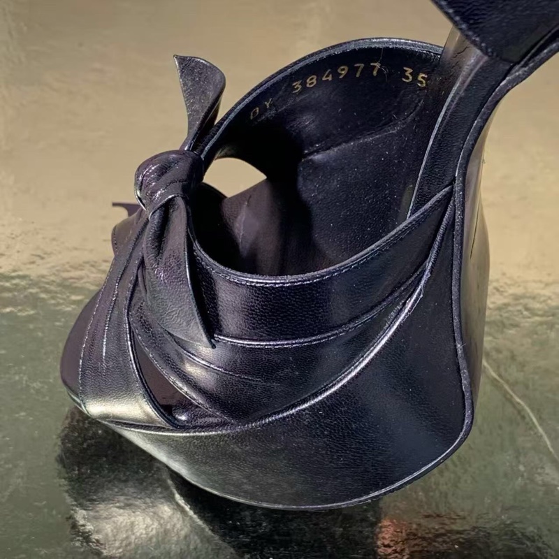 YSL/聖羅蘭粗跟防水台黑色蝴蝶結涼鞋35.5碼-8