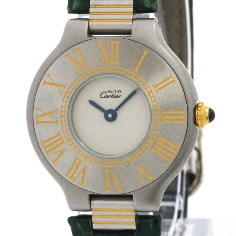 卡地亞 Must 21 鍍金精鋼皮革石英女士腕錶-0