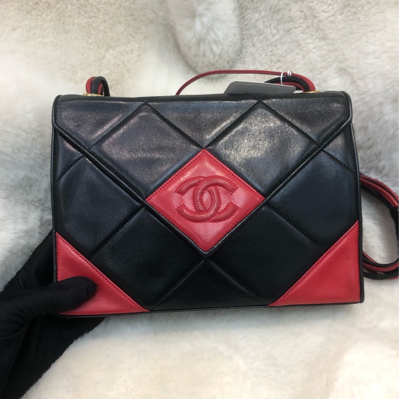 Chanel 中古紅黑菱格索繩單肩包 XC034-0