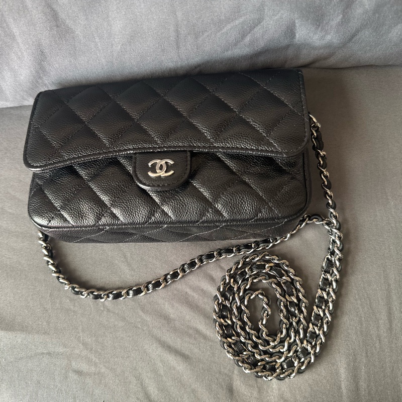 CHANEL AP2096C 黑銀色 魚子醬皮鏈帶二合一手機包|狀況良好|百搭實用-17