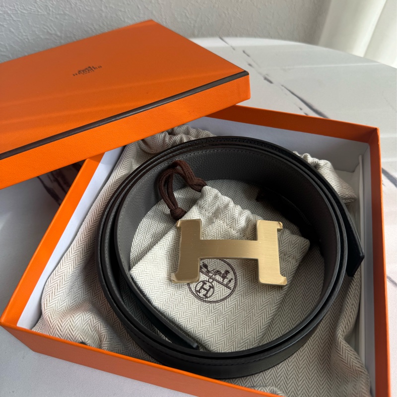 Hermes黑/灰雙面金大H皮帶110公分-0