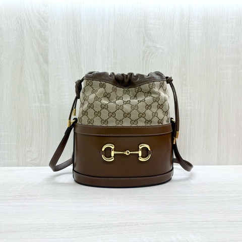 GUCCI緹花布拼咖啡色牛皮1955Horsebit束口水桶包602118