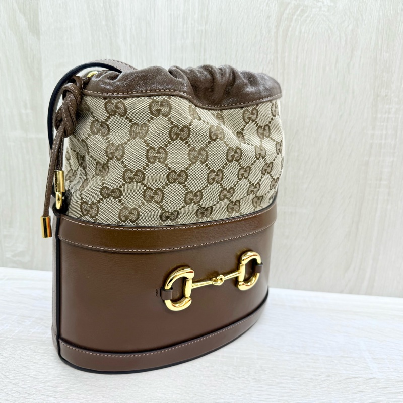 GUCCI緹花布拼咖啡色牛皮1955Horsebit束口水桶包602118-4