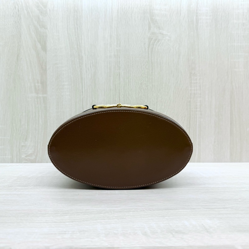 GUCCI緹花布拼咖啡色牛皮1955Horsebit束口水桶包602118-5