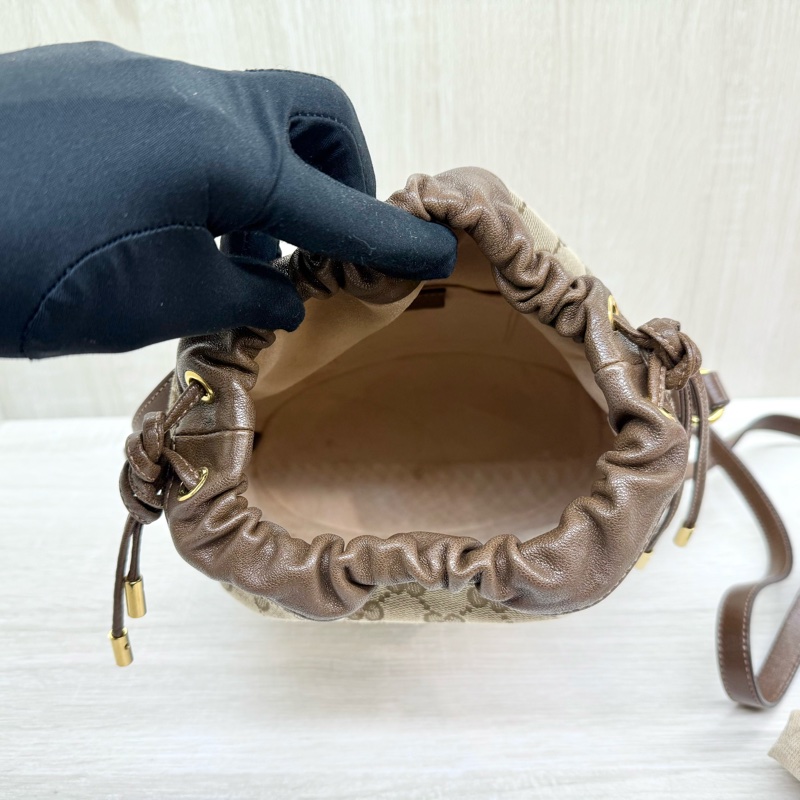 GUCCI緹花布拼咖啡色牛皮1955Horsebit束口水桶包602118-6