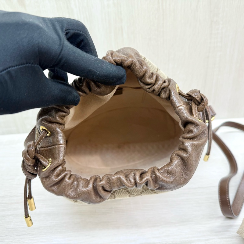 GUCCI緹花布拼咖啡色牛皮1955Horsebit束口水桶包602118-7