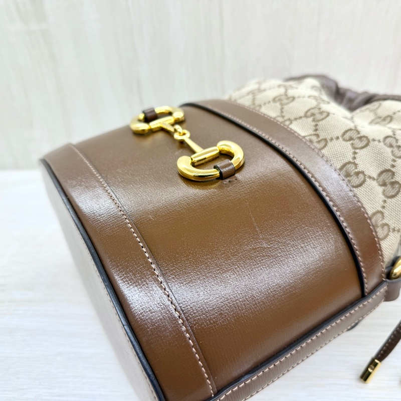 GUCCI緹花布拼咖啡色牛皮1955Horsebit束口水桶包602118-11