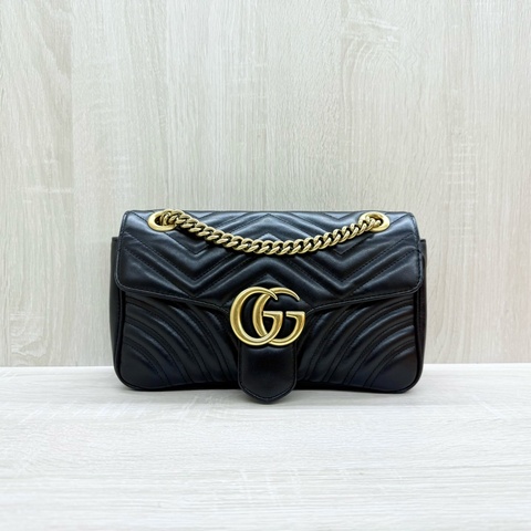 GUCCI黑色牛皮金釦MARMONT 26下蓋側背包443497
