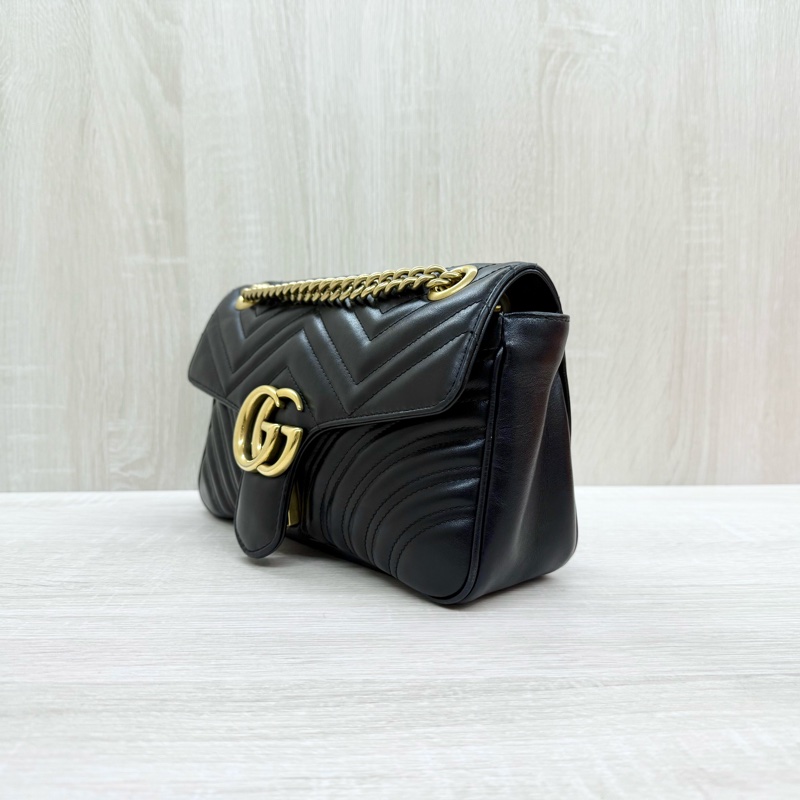 GUCCI黑色牛皮金釦MARMONT 26下蓋側背包443497-2
