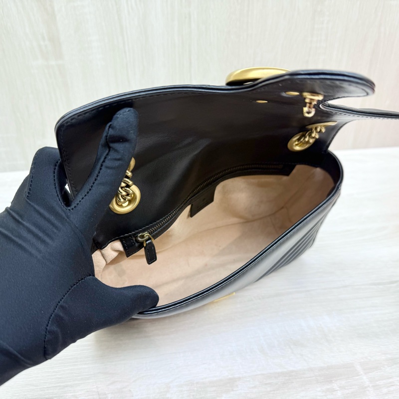 GUCCI黑色牛皮金釦MARMONT 26下蓋側背包443497-6