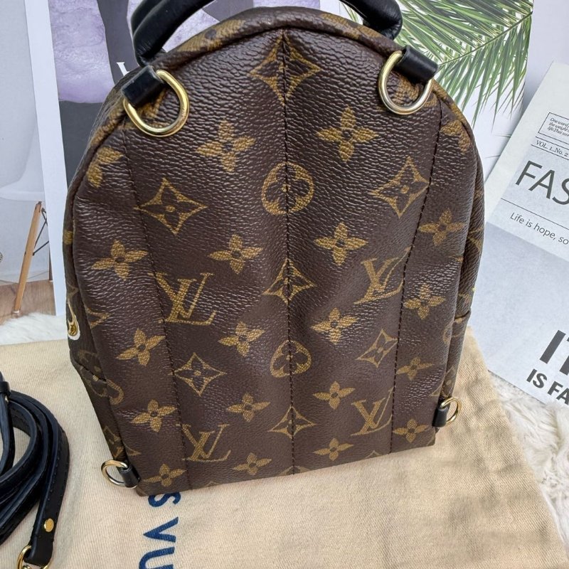 LV Palm Springs 棕色拼多色 老花拼鑰匙印花 塗層帆布 mini 雙肩包-1