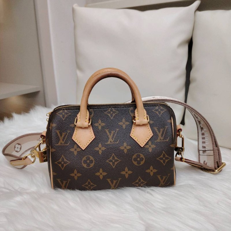 LV SPEEDY 棕色 老花 塗層帆布拼牛皮 20 金鎖 芯片款-1