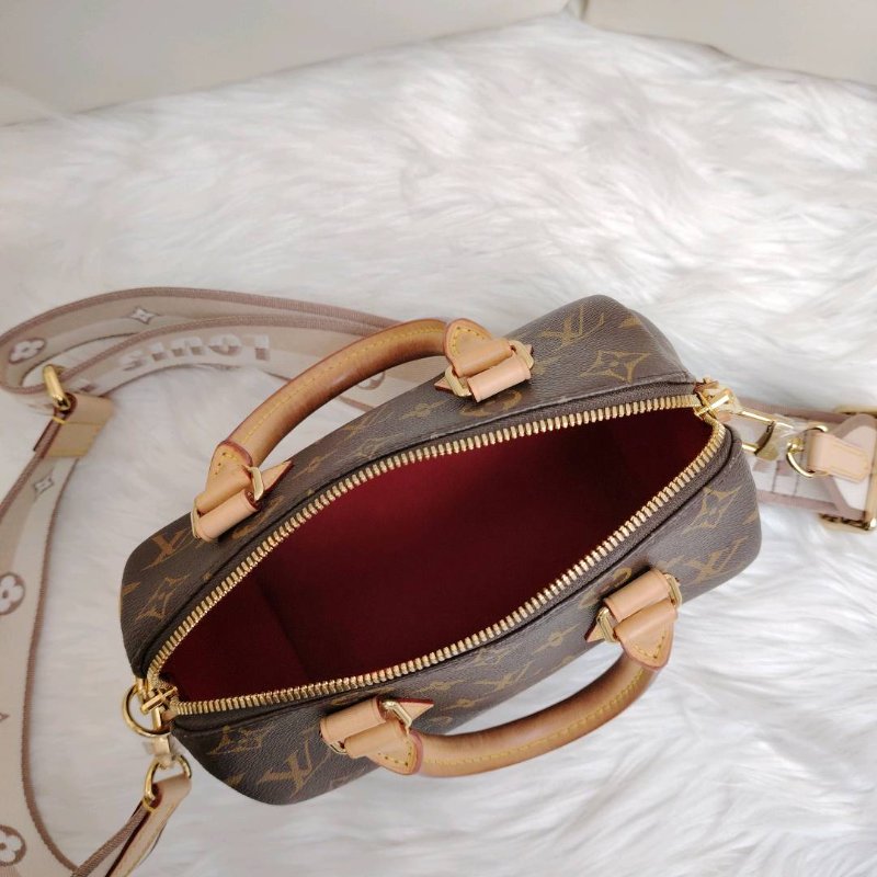 LV SPEEDY 棕色 老花 塗層帆布拼牛皮 20 金鎖 芯片款-3