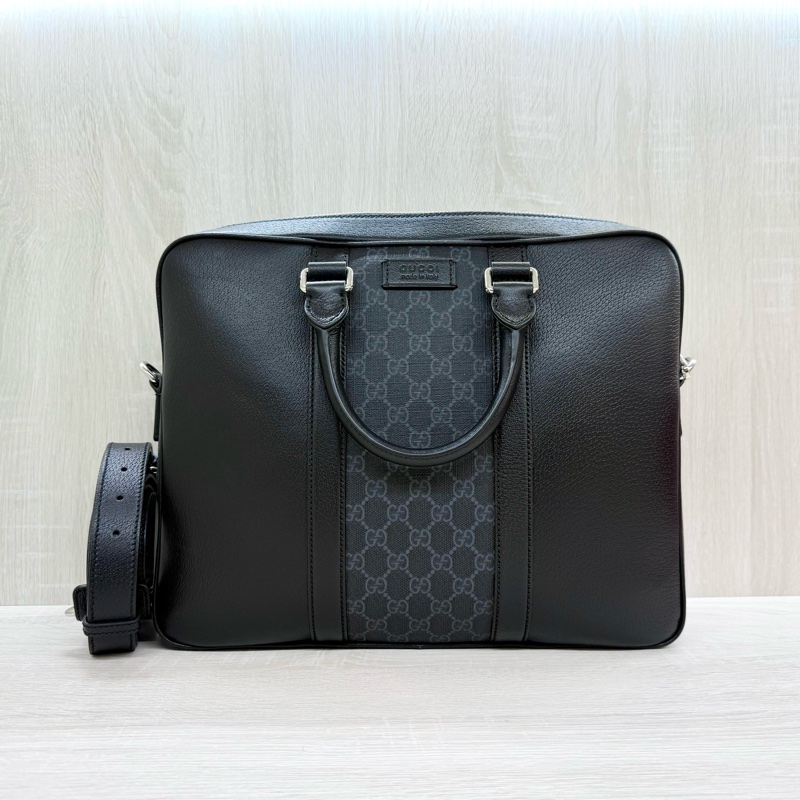 GUCCI黑灰老花拼黑色牛皮手提肩背公事包795461-0