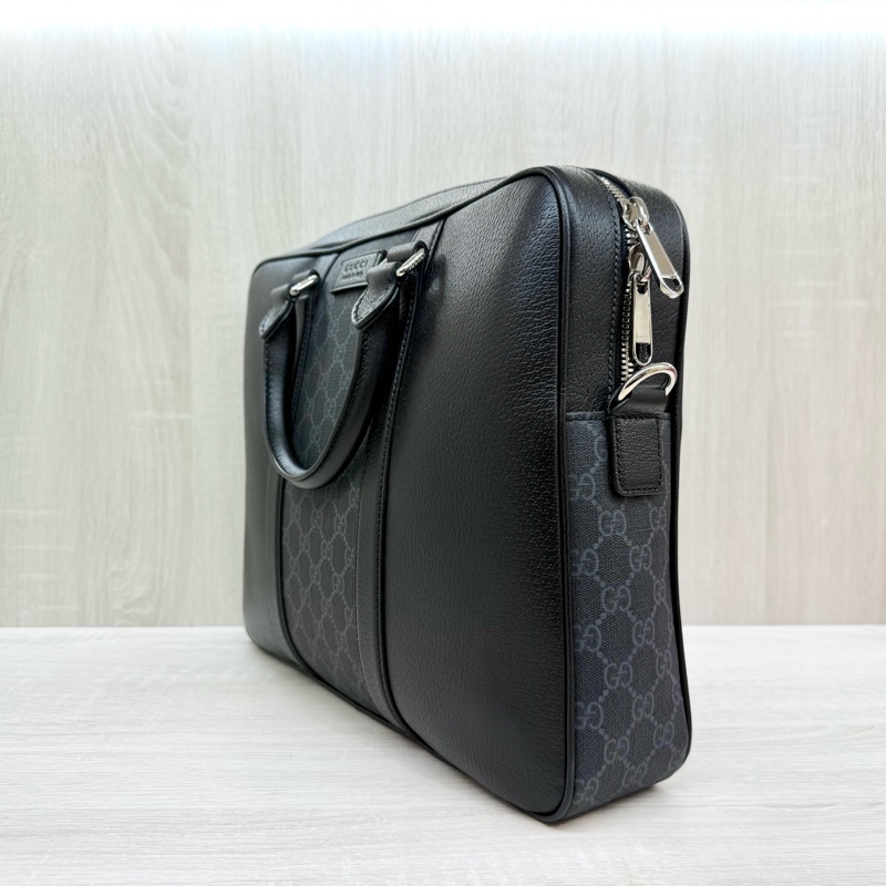 GUCCI黑灰老花拼黑色牛皮手提肩背公事包795461-2