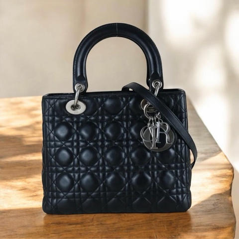 「JL 精品代購」 98新 Dior lady Dior 羊皮戴妃包 黑銀