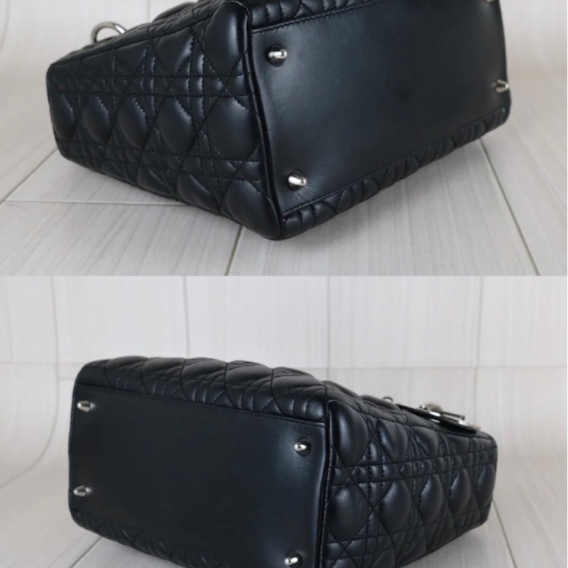 「JL 精品代購」 98新 Dior lady Dior 羊皮戴妃包 黑銀-5
