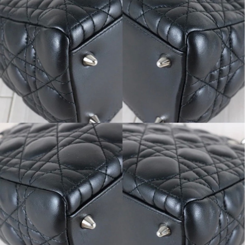 「JL 精品代購」 98新 Dior lady Dior 羊皮戴妃包 黑銀-6