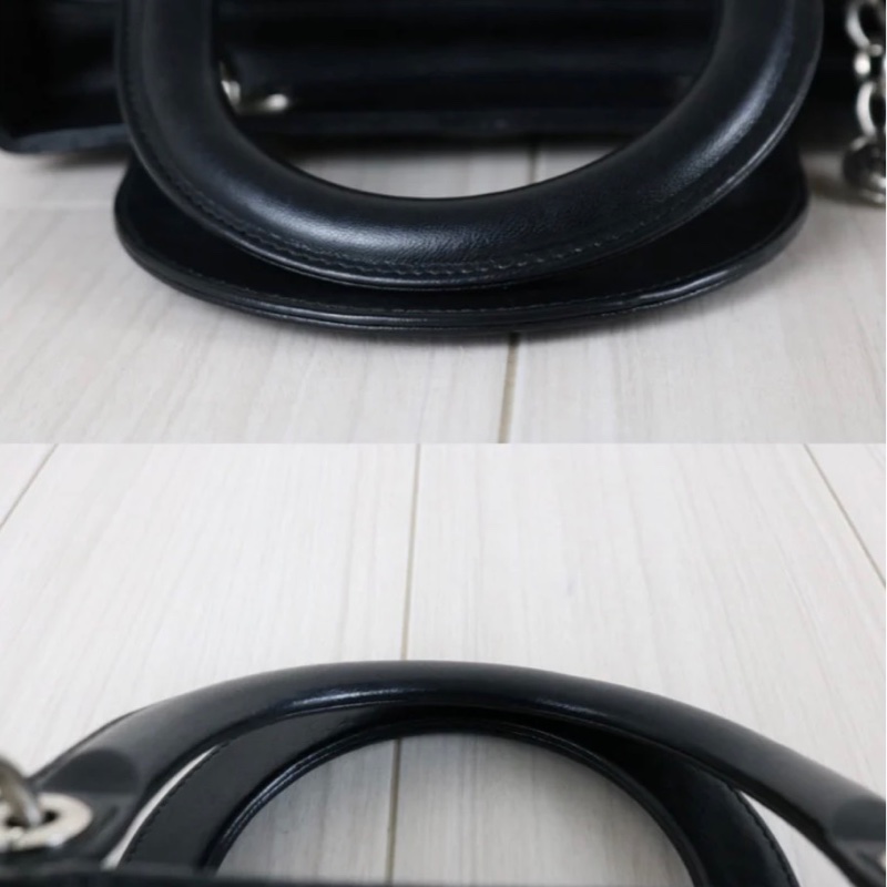 「JL 精品代購」 98新 Dior lady Dior 羊皮戴妃包 黑銀-9