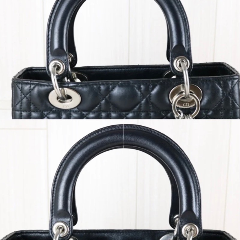 「JL 精品代購」 98新 Dior lady Dior 羊皮戴妃包 黑銀-10