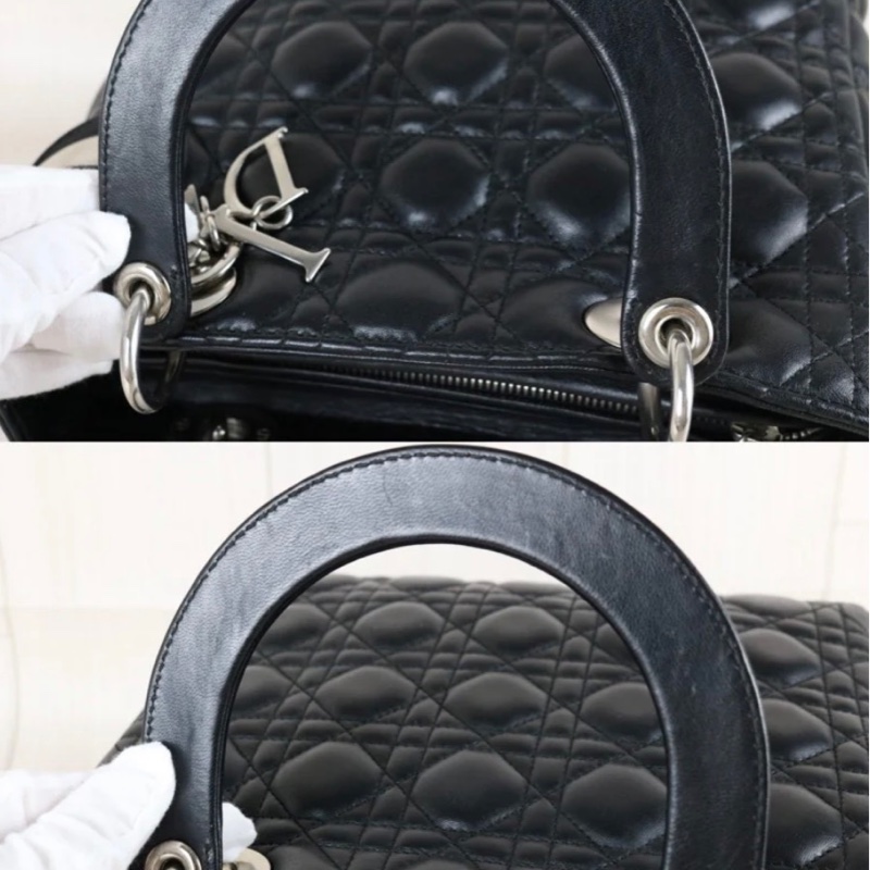 「JL 精品代購」 98新 Dior lady Dior 羊皮戴妃包 黑銀-11