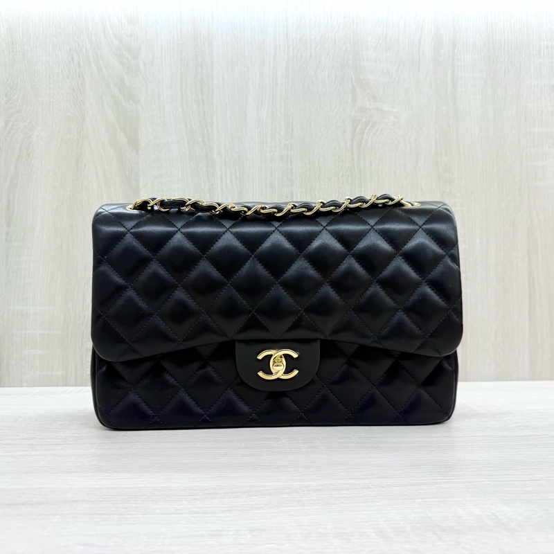 CHANEL黑色羊皮金釦JUMBO COCO30cm/A58600-0