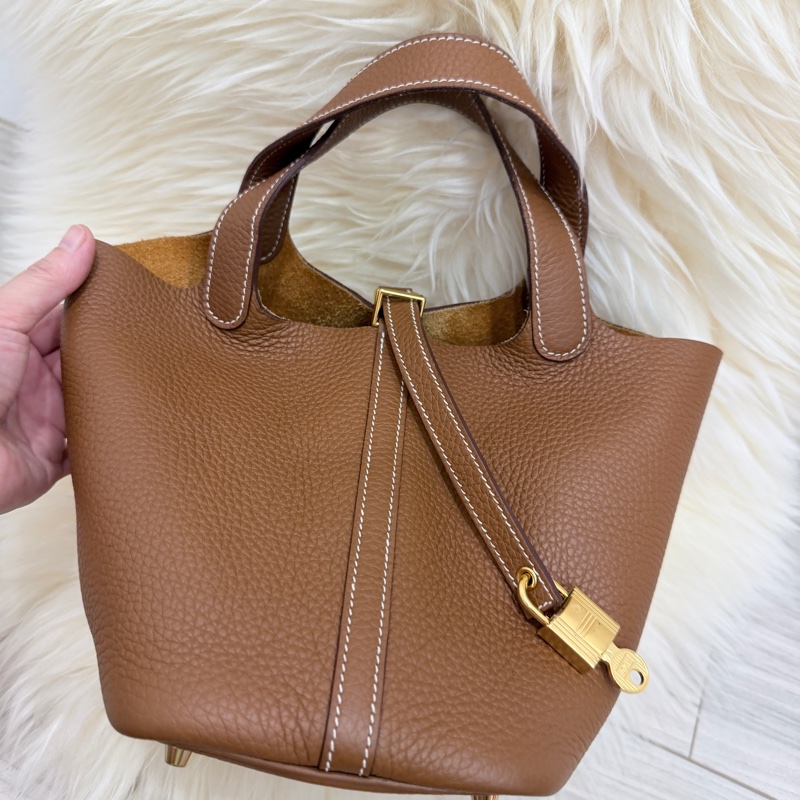 (Hermes愛馬仕 )picotin金剛色 金棕金釦水桶包 95新 菜籃子 18-2