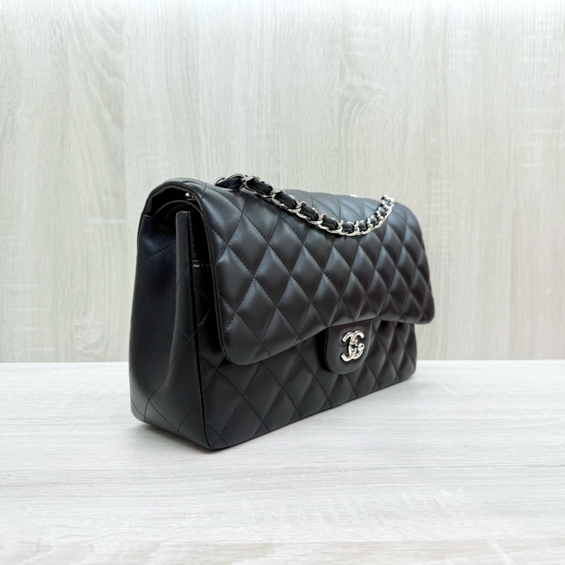 CHANEL黑銀菱格羊皮Jumbod coco30口蓋包A58600-3