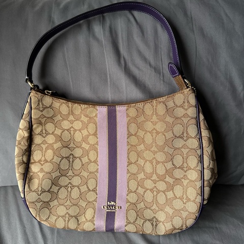 Coach 原色帆布 × 深紫色皮革肩帶 手提 / 肩背